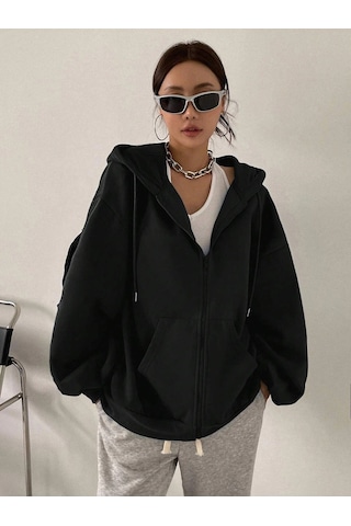 Relax&Basic Kapüşonlu Sweatshirt Kolye Ve Bere 3lü Kombin Siyah Siyah