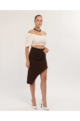 Shevega Kadın Kahverengi Etek Püskül Asimetrik Kesim Keten Etek Kahverengi
