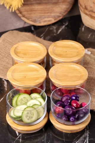 Duo 300ml 6'lı Bambu Kapaklı Cam Kahvaltılık Seti Kahverengi