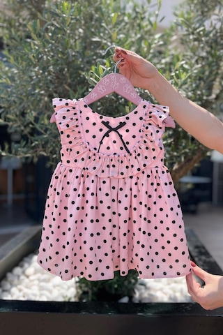 Puantiyeli Kolsuz Pamuklu Kız Çocuk Bebek Pudra Pembe Elbise 001
