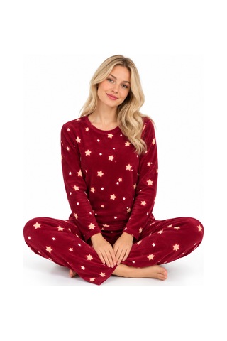 Sleeeproom Kadın Süet Mevsimlik Yıldız Desen Bordo Pijama Takımı