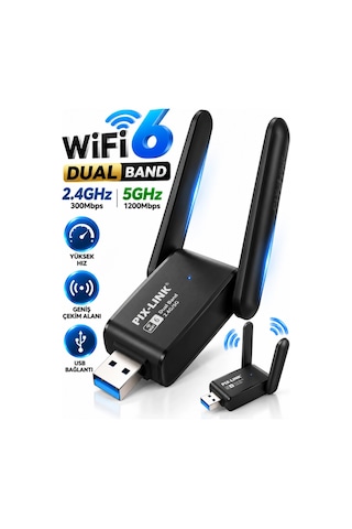 Usb Wifi 6 Wireless Adaptör Dual Band 2.4ghz & 5ghz Yüksek Hız