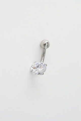 Kadın 316l Anti Alerjenik Topcuklu Oval Baget Zirkon Taşlı Göbek Piercing Gümüş