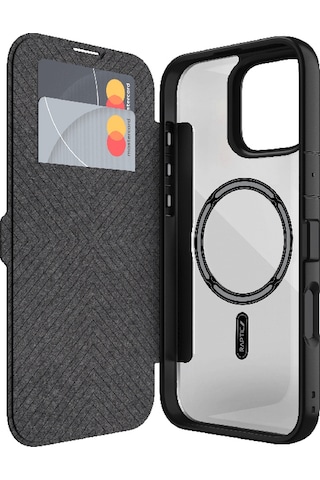 Apple Uyumlu iPhone 16 Kılıf Magsafe Vegan Deri Şeffaf Kartlıklı Raptic Urban Folio Serisi Kapak Siyah Siyah