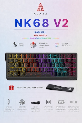 Nk68v2 Hot Swap Kablolu Mekanik Oyun Klavyesi- Red Switch-bilek Askılı