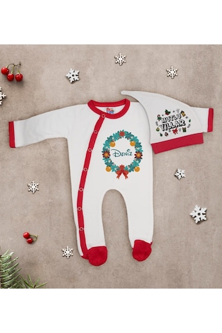 Bk Kids Bk Gift Kişiye Özel Yılbaşı Temalı Tulum Zıbın Ve Kukuletalı Şapka Seti-8 Çok Renkli