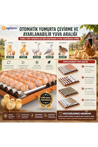 Tam Otomatik Kuluçka Makinesi 130 Yumurta Kapasiteli - Akıllı Isı Ve Nem Kontrollü, Ayarlanabilir Vi