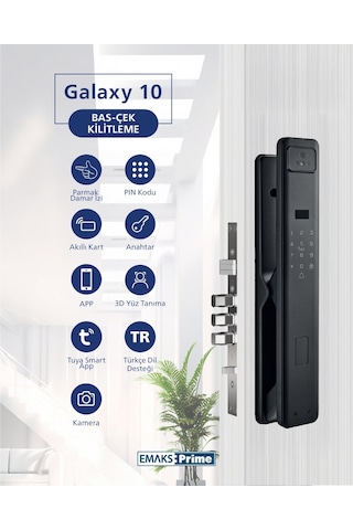 Emaks Prime Akıllı Kilit GALAXY10 Ultra, Yüz tanıma, Parmak İzi, Şifre, Kart, Uygulama, İç Ekran -