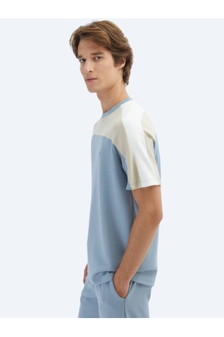 Kip Mavi Düz Bisiklet Yaka T-shirt Mavi