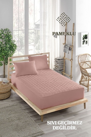 Sessiz Alez Pembe Yatak Koruyucu Pamuklu Kapitoneli Fitted Çift Kişilik Pembe