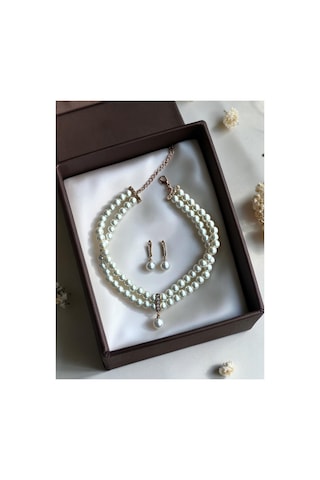 Zirkon Taşlı Tasma Choker İnci Kolye Ve İnci Küpe Seti Düğün Nikah Kına Beyaz