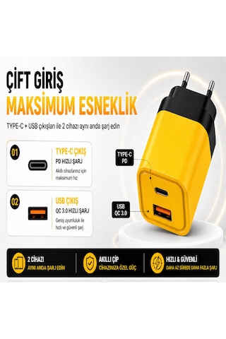 25w Hızlı Şarj Adaptörü + Type-c To Type-c Kablo Seti Pd & Qc 3.0 Destekli Usb + Type-c Çift Giriş Akıllı Koruma Hızlı Şarj Aleti Sarı