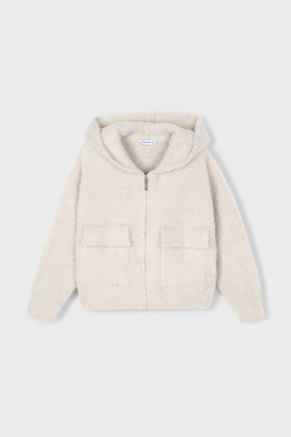 Kız Çocuk Kapüşonlu Cepli Pelüş Hırka - Ekru Gri