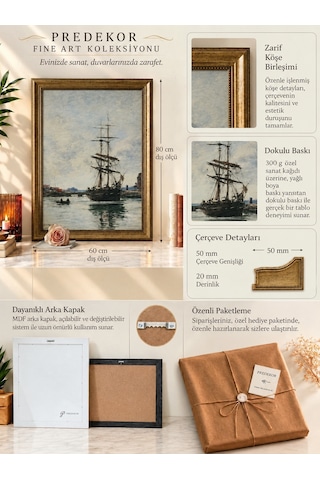 Gold Vintage 60x80 Çerçeveli Tablo - Klasik Marin Yelkenli Gemi Yağlı Boya Görünümlü 50x70cm Dokulu Baskı Deniz Temalı Lüks Duvar Sanatı