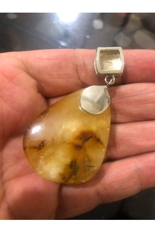 Doğal Kaya Damla Kehribar Kolye Ucu Otantik Gümüş Aparatlı 15,68 Gram