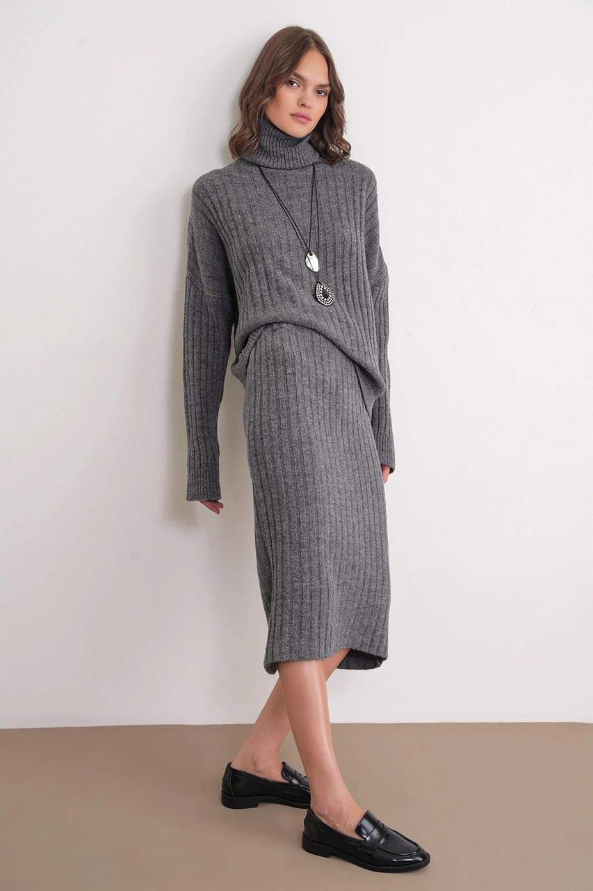 6929 Kadın Fitilli Triko Etek Antrasit Antrasit