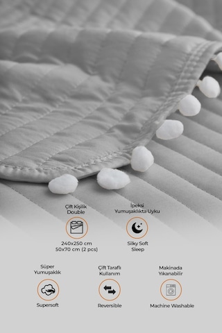 Evlen Home Collection Ponponlu Çift Kişilik %100 Pamuk Yatak Örtüsü Pike Takımı Gri