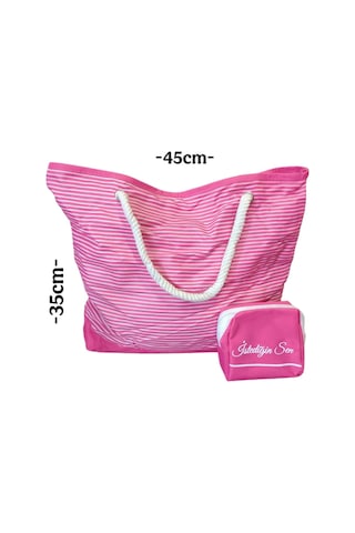 Plaj Çantası Pembe 45 CM + Makyaj Çantası Pembe