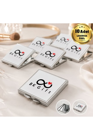 Logonuza Özel 10 Adet 60x65 Mm Tek Taraf Baskılı Katlanabilir Kare Metal Makyaj Aynası Beyaz