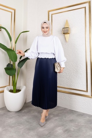 Hira Life Fashion Kadın Tesettür Giyim Ve Deri Görünümlü Beli Lastik Detayı İle Piliseli Uzun Etek Lacivert Lacivert