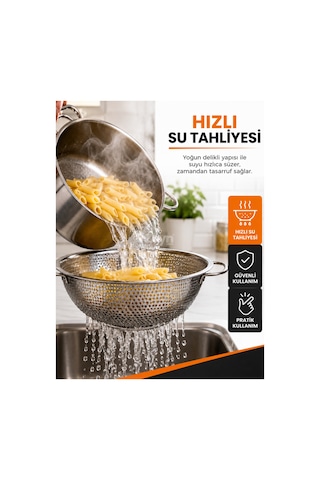 Paslanmaz Çelik Makarna Süzgeci 25 Cm Çift Kulplu Metal Sebze Meyve Yıkama Ve Süzme Kevgiri Gri