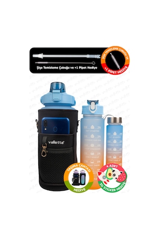 Valletta Eldorado 3lü Set Çantalı Motivasyonel Su Matarası Mavi