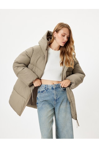 Koton Kapşonlu Şişme Mont Oversize Cepli Fermuarlı Vizon 5wak00171ew Vizon
