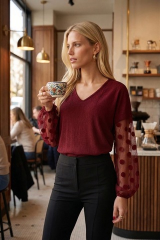 Armonika Kadın Bordo V Yaka Yarasa Kol Kolları Desenli Bluz Arm-26y001065