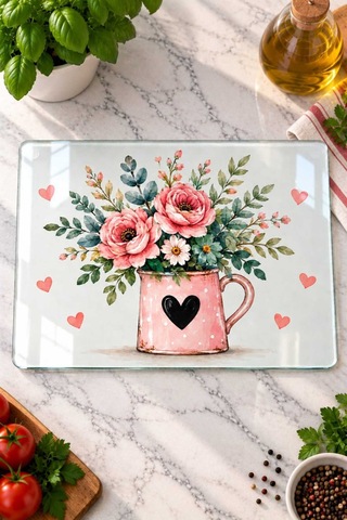 Gökçeoğlu Cam Kesme Tahtası Pembe Kupada Çiçek Temalı - Cam Kesme Tablası 20cm X 30cm Çok Renkli