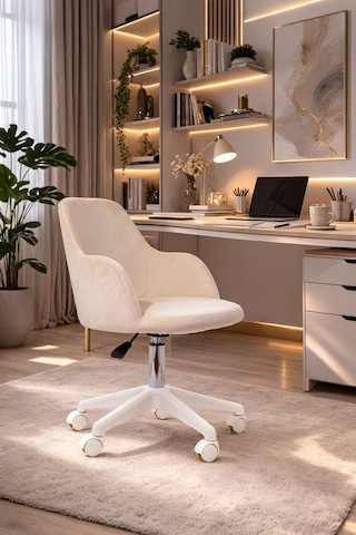 Sude Beyaz Ayaklı Çalışma Koltuğu Tekerlekli Ayarlanabilir Ofis Sandalyesi Baby Face Kumaş Bej