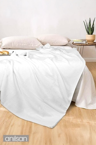 Çift Kişilik Beyaz Waffle Desenli Pike - %100 Pamuk, Yumuşak Ve Dayanıklı Otel Pike Beyaz