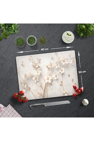 Cam Kesme Tablası - Cam Kesme Tahtası Beyaz Çiçek 30cm X 40cm