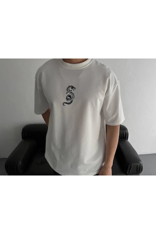Erkek Baskılı Oversize Bisiklet Yaka Kısa Kol T-shirt - Beyaz Beyaz