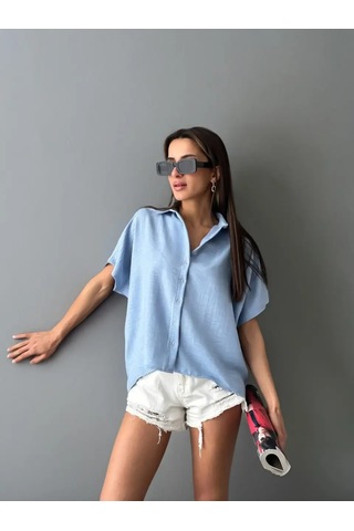 Kadın Keten Oversize Mavi Sırt Dantel Detay Kısa Kollu Gömlek Mavi