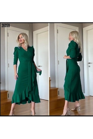 Kadın Yeşil Krep Kumaş Midi Boy Kuşaklı Uzunkol Elbise Yeşil