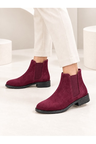 Dabab Shoes Maral Kadın Bordo Süet Yuvarlak Burun Lastik Detaylı 3 Cm Topuklu Kaymaz Taban Chelsea Bot Bootie