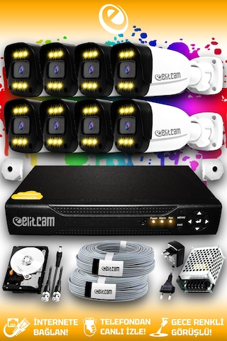 Elitcam 8 Kameralı Ultra 8 Dış Kamera Set 320 GB 5 MP 2K Net Renkli Gece Görüşlü Güvenlik Kamerası Sistemi