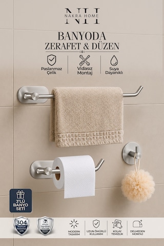 3'lü Set Paslanmaz Çelik Yapışkanlı Havlu Askısı , Tuvalet Kağıtlığı Ve Tekli Askılık Havluluk Krom