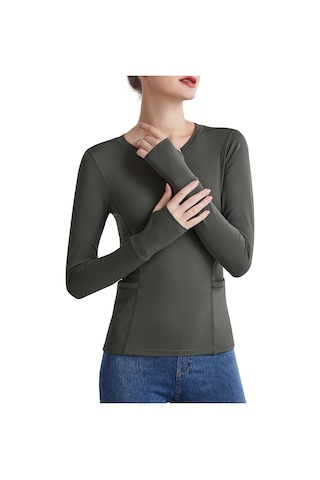 Jeemson Kadın Yoga Üstü - Rahat Nefes Alabilen Uzun Kollu Spor Tişört Ordu Yeşili