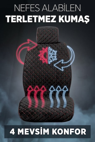 Tay Tüyü Terletmez Kumaş Oto Koltuk Kılıfı 2 Ön Koltuk Seti - Siyah-kırmızı