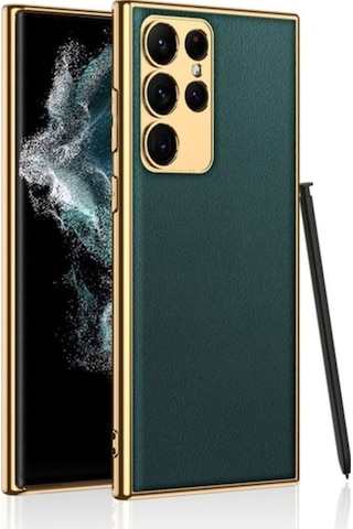 Galaxy S23 Ultra Kılıf Deri Görünümlü Kenarları Elektroplating Kaplama Zore Fizyon Kapak Koyu Yeşil