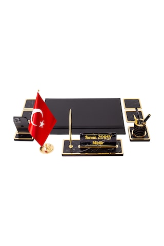 Star Bayraklı Mermer Desenli Ahşap Sümen Takımı Deri Sümen Seti Masa İsimliği