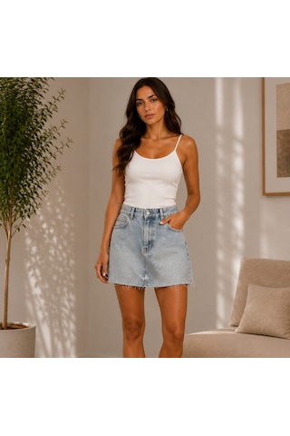 Taş İşlemeli Denim Kot Etek Siyah