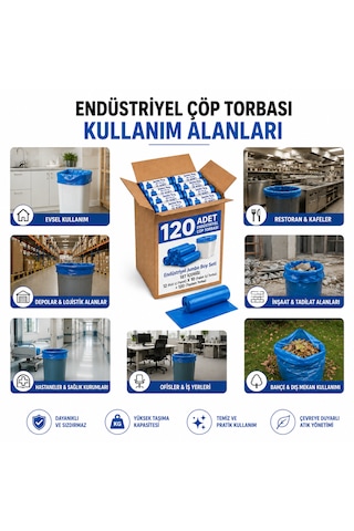 Endüstriyel Çöp Torbası Jumbo Boy 80x110 Cm 400 Gr 12 Rulo 120 Adet Mavi Çöp Poşeti