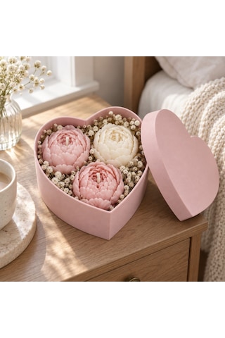 Kalp Kutuda Mini Şakayık Mum Buketi Pembe