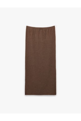 Koton Bürümcük Kumaş Slim Fit Fiyonk Detaylı Midi Etek Kahverengi 6sak10209ek