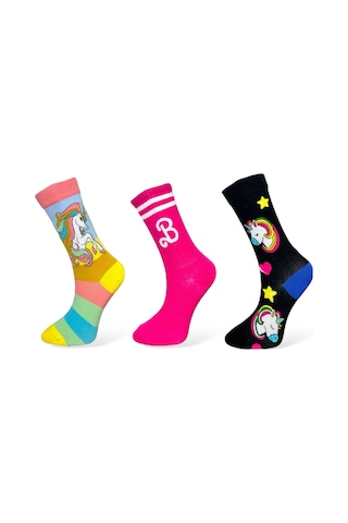 3'lü Unısex Unicorn Tasarımlı Gökkuşağı Ve Yıldız Detaylı Esnek Nem Alabilen Pamuklu Spor Soket Çoraplar Çok Renkli