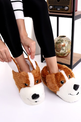 Wordex Hayvanlı H10 Köpekli Kışlık Kadın Erkek Çocuk Panduf Ev Içi Sessiz Taban Panduf Taba