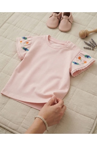Tuffy Açık Pembe Kız Bebek Çiçek Nakışlı Kısa Kollu Beyaz T-shirt