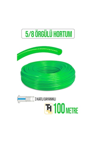 5/8 Örgülü Bahçe Hortumu Çatlamaz, Kırılmaz, Esnek 100 Metre Yeşil